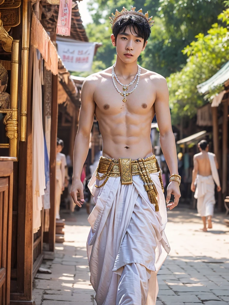 Korean boy, wearing ancient Thai style and narrow loincloth 1:3, shirtless, thin skinny body, white skin body, ancient Korean crown, jewelry necklace, ancient Thai Ayutthaya market, multiple people walking in around