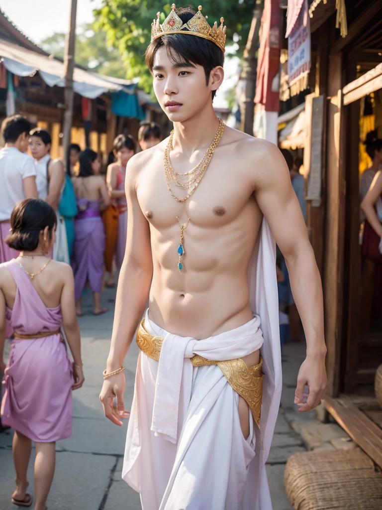 Korean boy, wearing ancient Thai style and narrow loincloth 1:3, shirtless, thin skinny body, white skin body, ancient Korean crown, jewelry necklace, ancient Thai Ayutthaya market, multiple people walking in around
