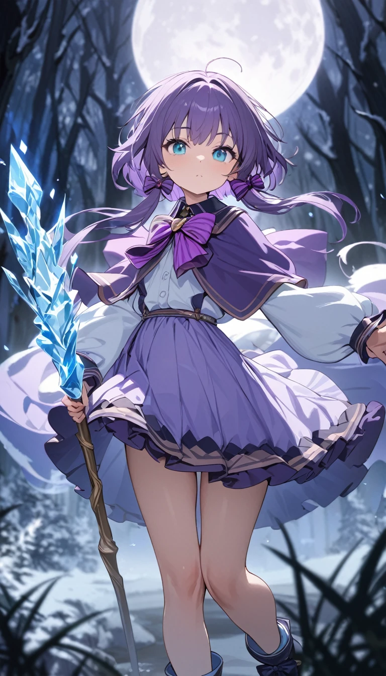 best quality, masterpiece, ultra resolution, super details, anatomically correct, full body, 1 girl, solo, loli, (platium purple hair:1.2), high quality eyes, high quality hands, aqua blue eyes, (short hair:1.3), (long locks:1.4), white shirt, purple skirt, (purple caplet:1.3), (large collar bow:1.5), long sleeves, soft ankle boots, holding a long staff with a golden hexgram on the top, casting ice spell, midnight, forest, round moon, high quality background, depth of field
