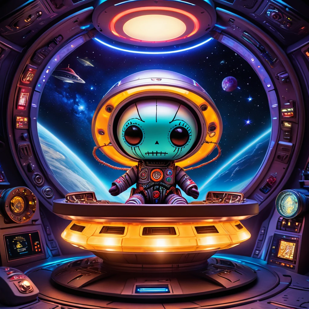 (knitted toy voodoo doll:1.5), (Voodoo Doll on a Flying Saucer:1.3), (Clothing: alien explorer suit with cosmic patterns:1.0), (Accessories: enchanted control panel emitting otherworldly lights, floating alien artifacts:1.1), (background: high-tech UFO interior with starry views, futuristic technology, and glowing consoles:1.2), best quality, masterpiece, detailed soft oil painting, detailed background, dramatic cinematic lighting, soft edge lighting, professional, dramatic lighting, hard edge lighting, ultra quality, 4k, masterpiece, best quality, 8k, ultra high definition, high resolution, extremely detailed