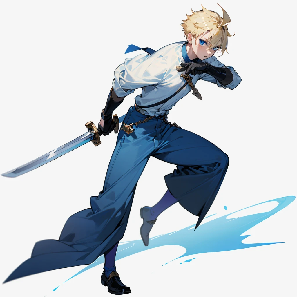 1character, Full body version, Viking boys, boys, albino skins, blue eyes, faux hawk hair, blonde colour hair, poor boys, Simple short blue clothes, blue trousers, (long sword in hand), Grassroots 