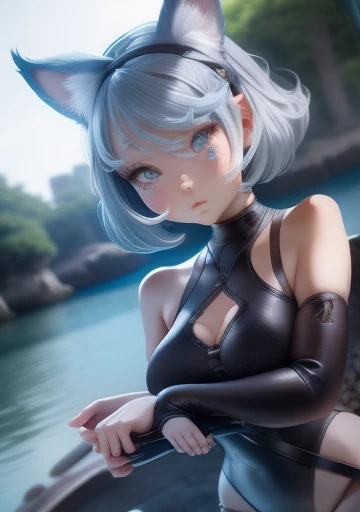 girl、、Bink、leotard、whole body。blue eyes、Gray Hair、functional、Seductive pose、front、noon、Outdoor、garden、Beach、No cat ears。