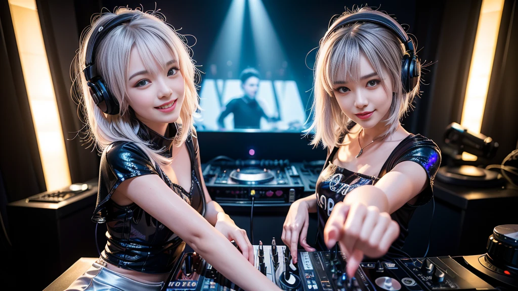 (ultra - detailed, 16K resolution, Cinema lenses, rendering by octane), (high resolution:1.18), intricate detail, (masterpiece:1.1), (highest quality:1.1), (1girl, portrait, white hair, blue eyes, short hair, detailed eyes),Wearing silver DJ headphones, Shiny silver sequined T-shirt, (Iconic hip-hop pop costumes:1.3), Smile while DJing on stage, full body shot of, The spotlight shines on the female DJ. Photorealistic photography by Disco Lighting, (cute round face:1.3), perfect fingers, five fingers, beautiful hands, perfect hands. master peace, cute smile.