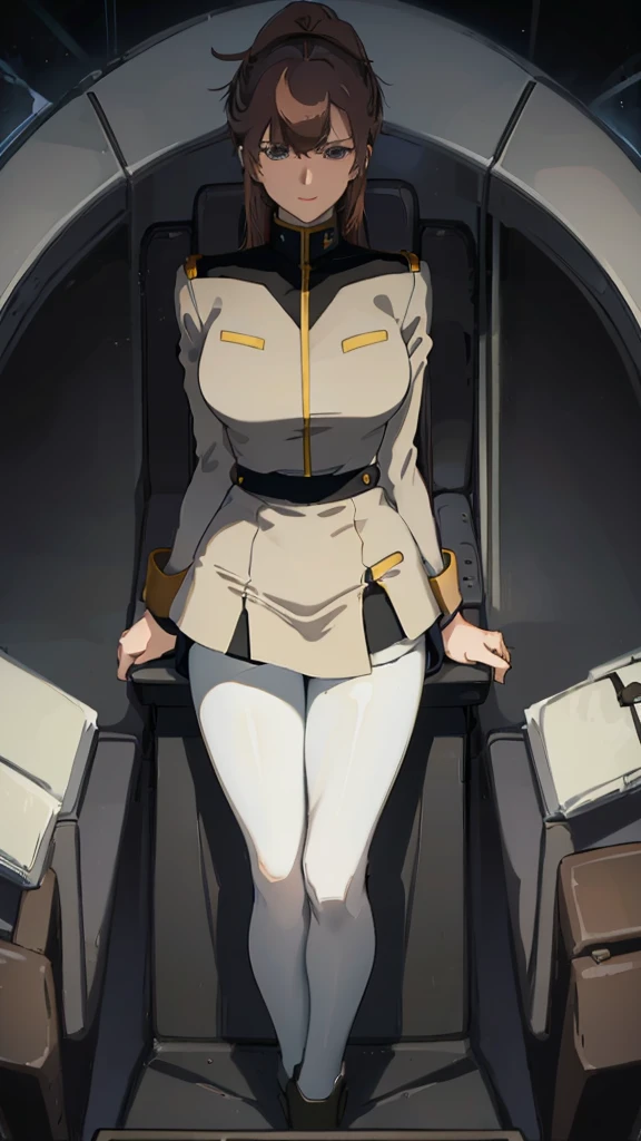 masterpiece, best quality, High resolution, Calm 1, 1 girl, alone, (Black_pantyhose:1.1), army uniform, army, cosmetics, White shirt, White Skirt, tight skirt, sitting, Upper Body, cockpit, space, Smile,Large Breasts,Sexy,Smile,red glasses,brown hair