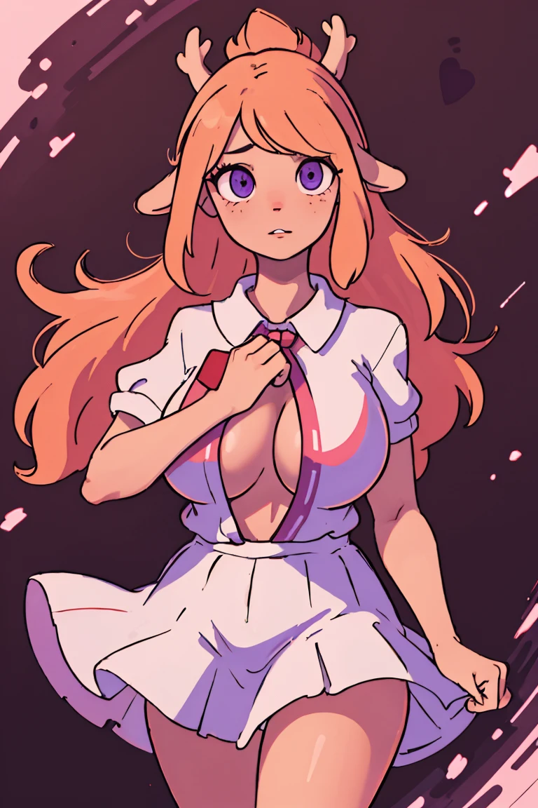 (best qualityer,4K,8K,high resolution,work of art:1.2),ultra detali,realisitic,portraite,Kizi,hair blonde,long hair,beautiful detailed eyes,beautiful detailed lips,White top,Red bow on neck,Short pink skirt,purples eyes,illustration style,swirly vibrant colors,warm hues,soft lighting,background full of mushrooms,(big boobies)