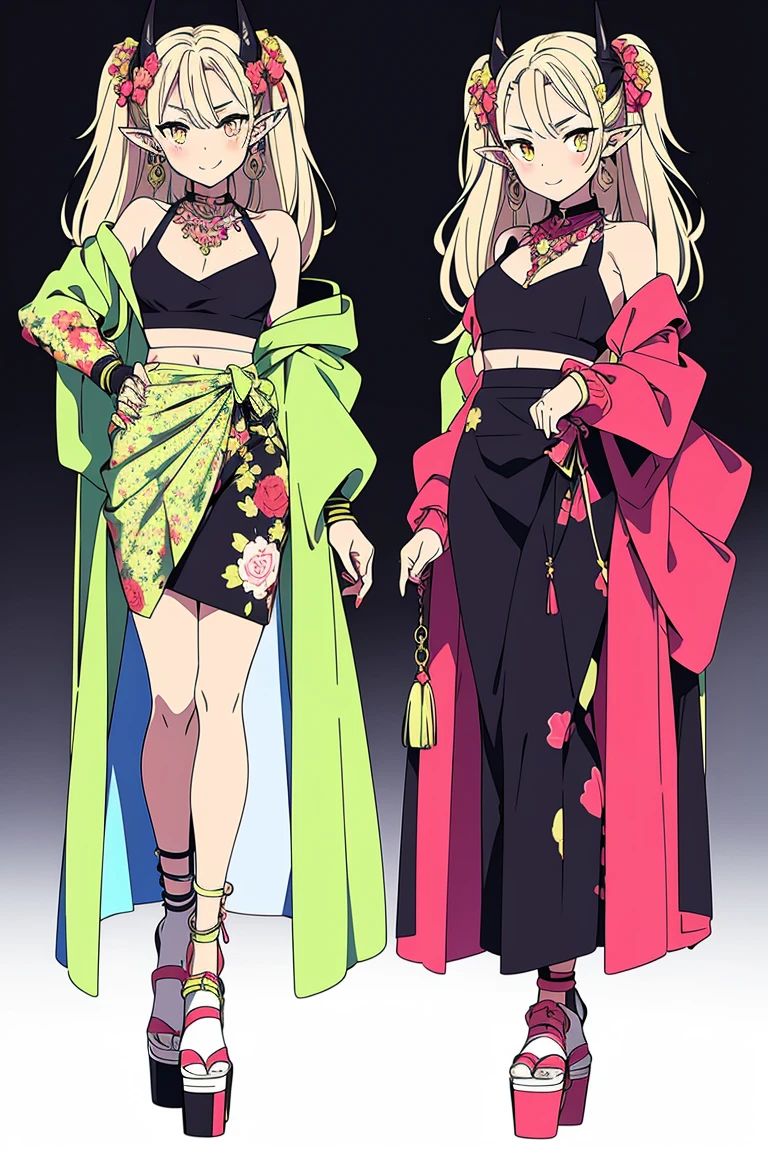 1 girl, standing alone, (ibaraki_Douji), blond, yellow  eyes, slitted pupils, oni horns, Japanese clothing, pointy ears, kimono, bared shoulders, Off The Shoulder, yellow kimono, forehead mark, toenails, sharp toenails, ((Red Hands)), hair accessories, slickedback hair, jewerly, aretes, ssmile, ssmile, (sharped teeth), (hands on chest), gazing at viewer, trunk, standing, work of art, best qualityer