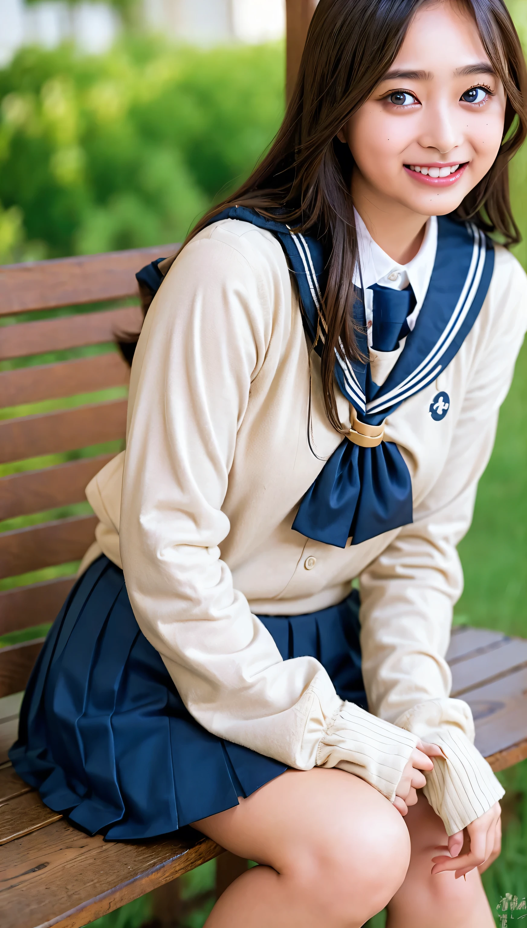 (((cowboy shot))),Ultra-high resolution,big eyes,(brown eyes),Japanese,(forehead),(a girl),(1 girl),(()),(cute),pretty,((facing at viewer)),grin,(((white school sailor uniform))),pleated skirt,(sitting),(thick thighs)
