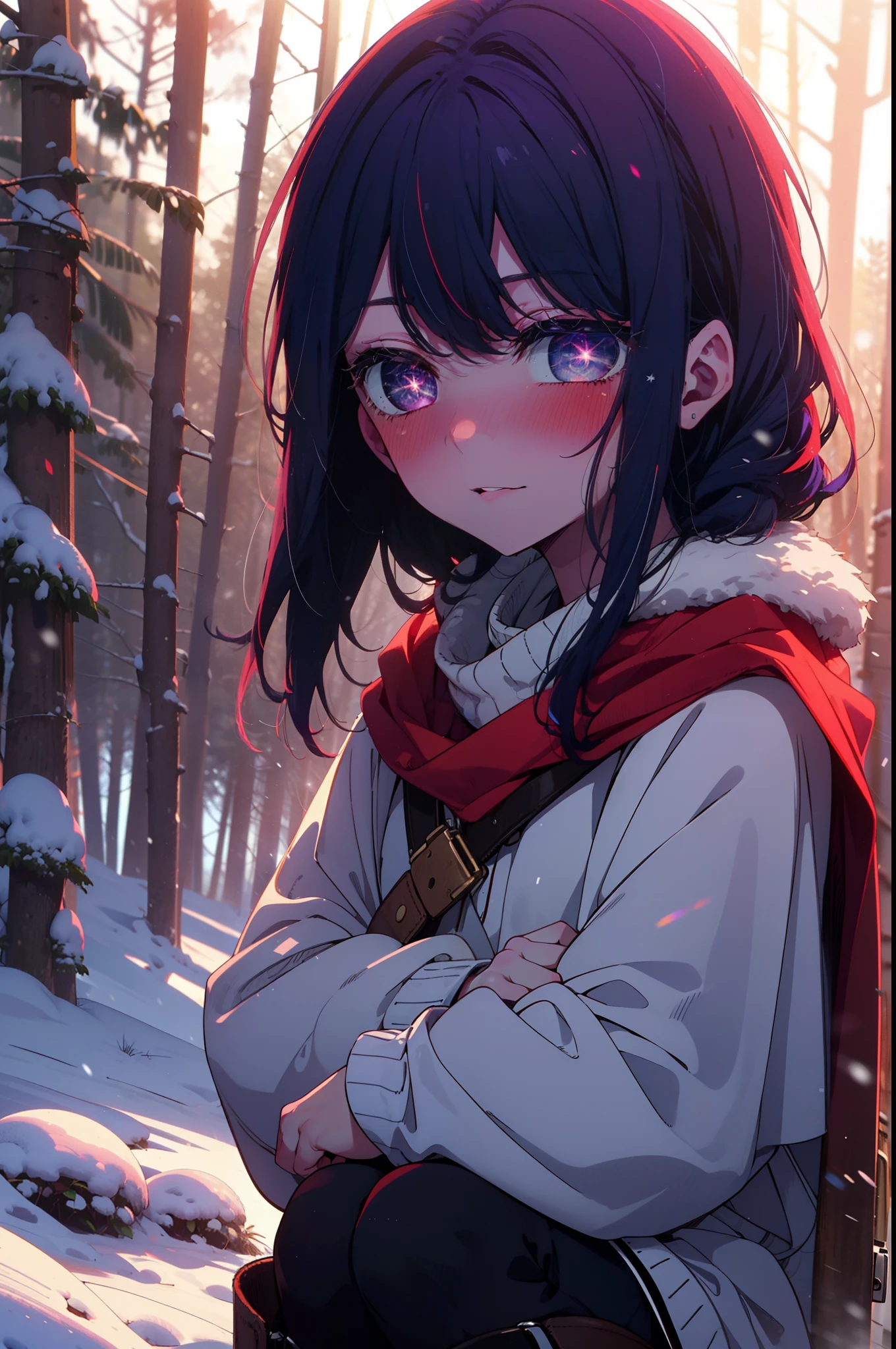 aihoshino, Ai Hoshino, Long Hair, bangs, (Purple eyes:1.1), Purple Hair, (Symbol-shaped pupil:1.5), smile,,smile,blush,White Breath,
Open your mouth,snow,Ground bonfire, Outdoor, boots, snowing, From the side, wood, suitcase, Cape, Blurred, , forest, White handbag, nature, Squat, Mouth closed, Cape, winter, Written boundary depth, Black shoes, red Cape break looking at viewer, Upper Body, whole body, break Outdoor, forest, nature, break (masterpiece:1.2), Highest quality, High resolution, unity 8k wallpaper, (shape:0.8), (Beautiful and beautiful eyes:1.6), Highly detailed face, Perfect lighting, Extremely detailed CG, (Perfect hands, Perfect Anatomy),