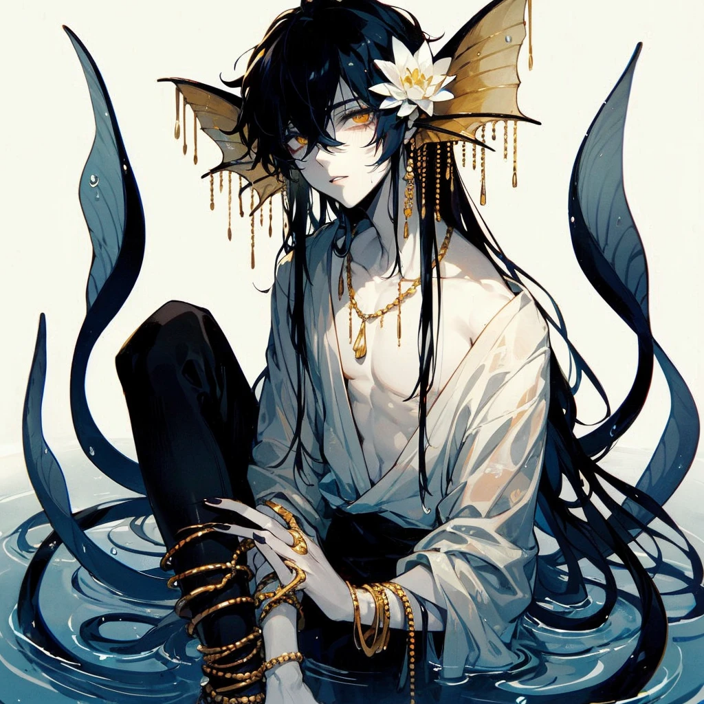 Male Anime style, semi realistic, Male, fins for ears, golden jewelry hanging from ears, fishnet like drapery see through fabric, wet messy dark blue hair, sultry half-lidded golden siren eyes, water lily on lily pad on head, Unnaturally sluty narrow waist for male, water lily in hair, big plump full lips, sickly pale, hollow cheeks, sunken eyes, very skinny, feet jewelry, black fingers long black nails, siren eyes, large black spine protruding from back, lankey limbs, long limbs, 3 and a 1/2 foot long eel like scaled tail with a a 2 foot wide fin, full male body