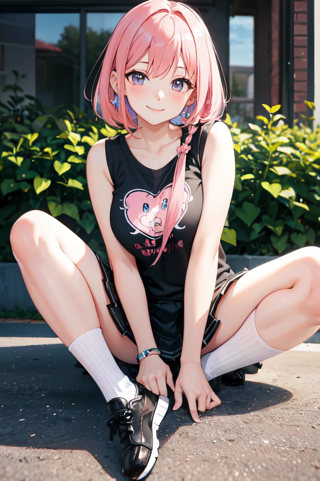 ((Highest quality)), ((masterpiece)), (detailed), high school girl，Lewd，Pink Hair，smile，Sleeveless T-shirt，Shaved，Knee socks