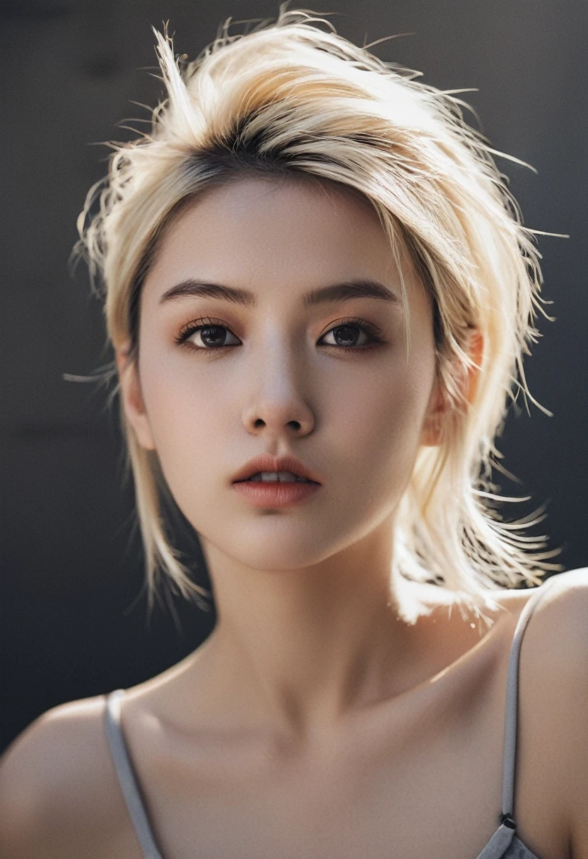 a 20 yo woman, blonde, (hi-top fade:1.3), dark theme, soothing tones, muted colors, high contrast, (natural skin texture, hyperrealism, soft light, sharp)