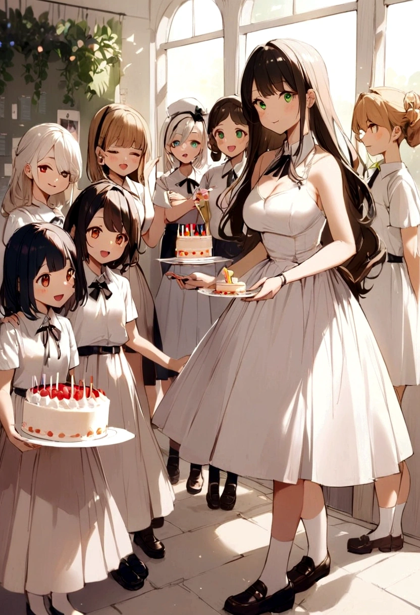 6 cute girls wearing school uniforms,1 woman wearing a dress holding a cake,Organize a birthday party
