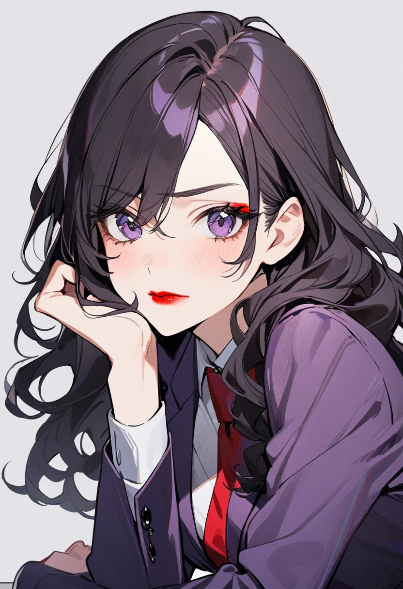 1girl, black eyeliner, red lipstick,Black long wavy hair,dark purple suit,ridicule,headrest,simplebackground,upper body,solo