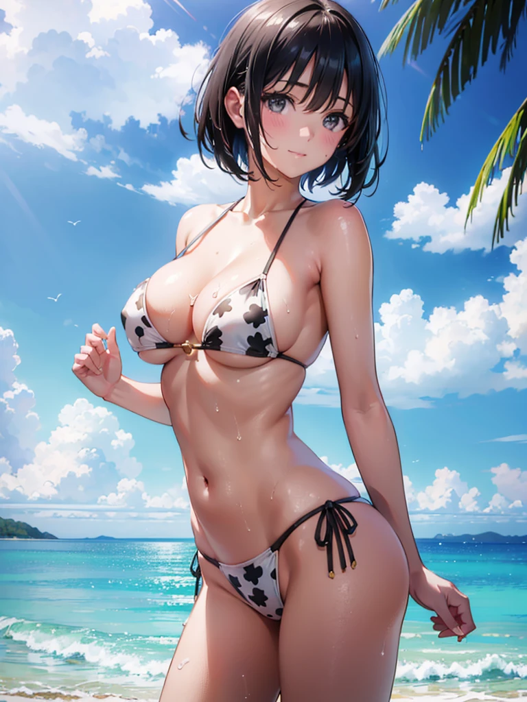 (Highest quality, masterpiece, Ultra-high resolution, (Photorealistic:1.4), RAW Photos), One girl,One girl,Gingham-print-bikini(white),sideboob,underboob,cameltoe:1.3,(wet:1.1), water drops,(Very short black hair, Amazingly cute face, Very beautiful big black eyes)), Very lean body, Very flat and beautiful Massive Breasts and a beautiful ass, An innocent smile, Booty pose, View Viewer, Detailed face, Fine grain, Detailed Hair, Detailed body, Thigh details, Detailed Swimsuit