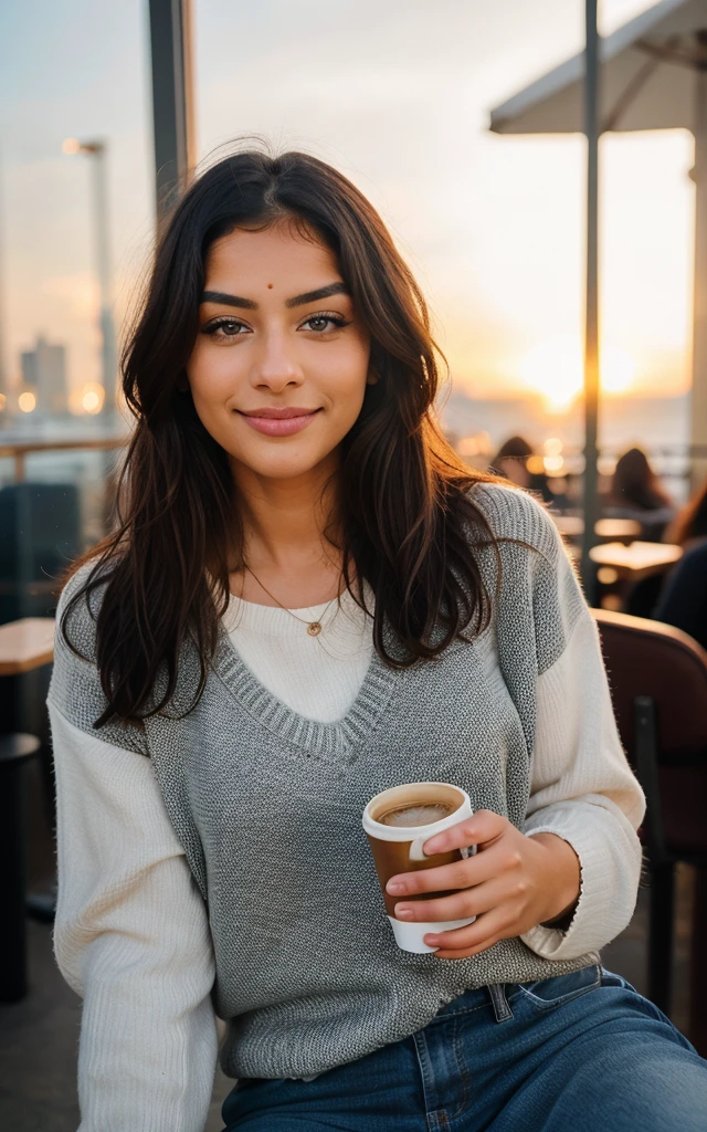 Cute beautiful Indian with black sweater (Drinking coffee in a modern café at sunset), muito detalhado, ars old, innocent face, naturally wavy hair, blue eyes, high-res, ​masterpiece, best qulaity, Intricate detailing, muito detalhado, sharp focus, detailed skin, realistie Hauttextur, Textur, detailled eyes, professional, 4K, charming smile, taken with Canon, 85 mm, light depth of field, Kodak Vision Color, perfectly fitting body, extremely detail, photoshot_\(ultra\), fotorealisti, realisti, Post processing, maximum details, roughness, real life, ultrarealisti, photoshotrealismus, photoshotgrafie, 8K  UHD, photoshotgrafie