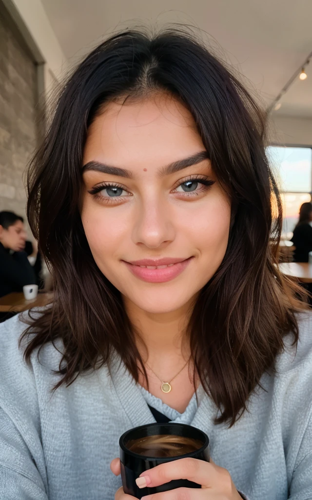 Cute beautiful Indian with black sweater (Drinking coffee in a modern café at sunset), muito detalhado, 14years old, innocent face, naturally wavy hair, blue eyes, high-res, ​masterpiece, best qulaity, Intricate detailing, muito detalhado, sharp focus, detailed skin, realistie Hauttextur, Textur, detailled eyes, professional, 4K, charming smile, taken with Canon, 85 mm, light depth of field, Kodak Vision Color, perfectly fitting body, extremely detail, photoshot_\(ultra\), fotorealisti, realisti, Post processing, maximum details, roughness, real life, ultrarealisti, photoshotrealismus, photoshotgrafie, 8K  UHD, photoshotgrafie