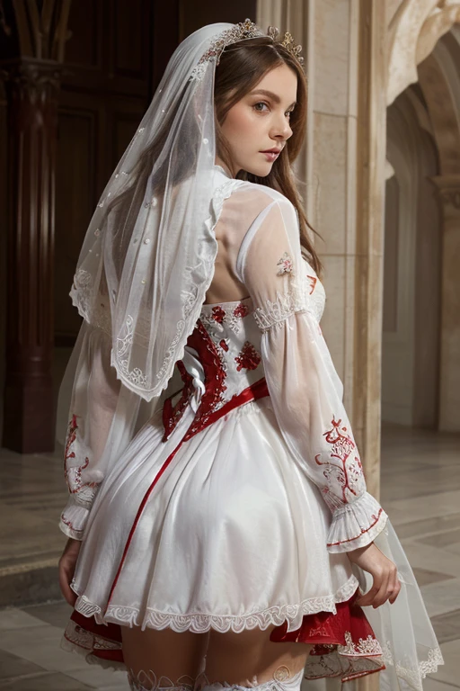 ((чрезвычайно подробные обои CG Unity 8k)), masterpiece, ultra detailed, Floating, A high resolution, sexually suggestive, (Small, ridiculously long white hair, Princess, White Mage, Blue eyes, (ornate long white and red sheer layered dress with long wide sleeves and intricate embroidery.), bridal veil, diadem, wedding mittens, blushing, shy, arched back, petticoat with ruffles, ornate corset,