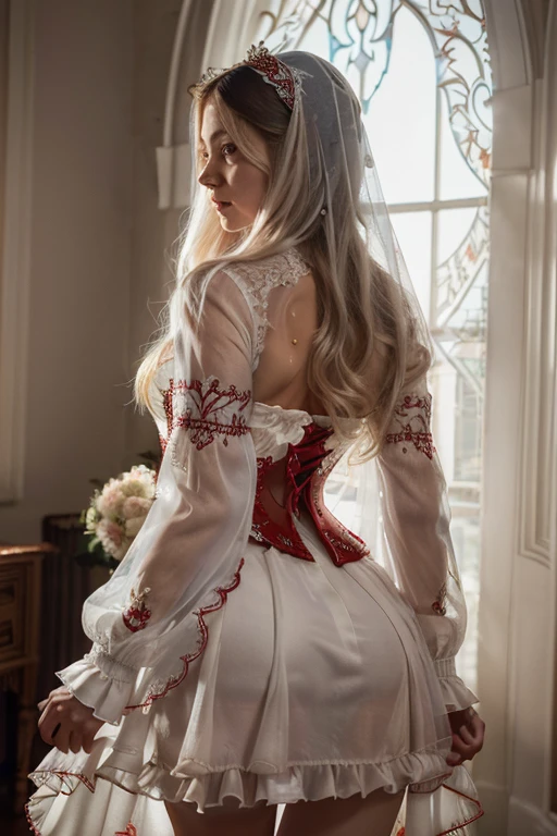 ((чрезвычайно подробные обои CG Unity 8k)), masterpiece, ultra detailed, Floating, A high resolution, sexually suggestive, (Small, ridiculously long white hair, Princess, White Mage, Blue eyes, (ornate long white and red sheer layered dress with long wide sleeves and intricate embroidery.), bridal veil, diadem, wedding mittens, blushing, shy, arched back, petticoat with ruffles, ornate corset,