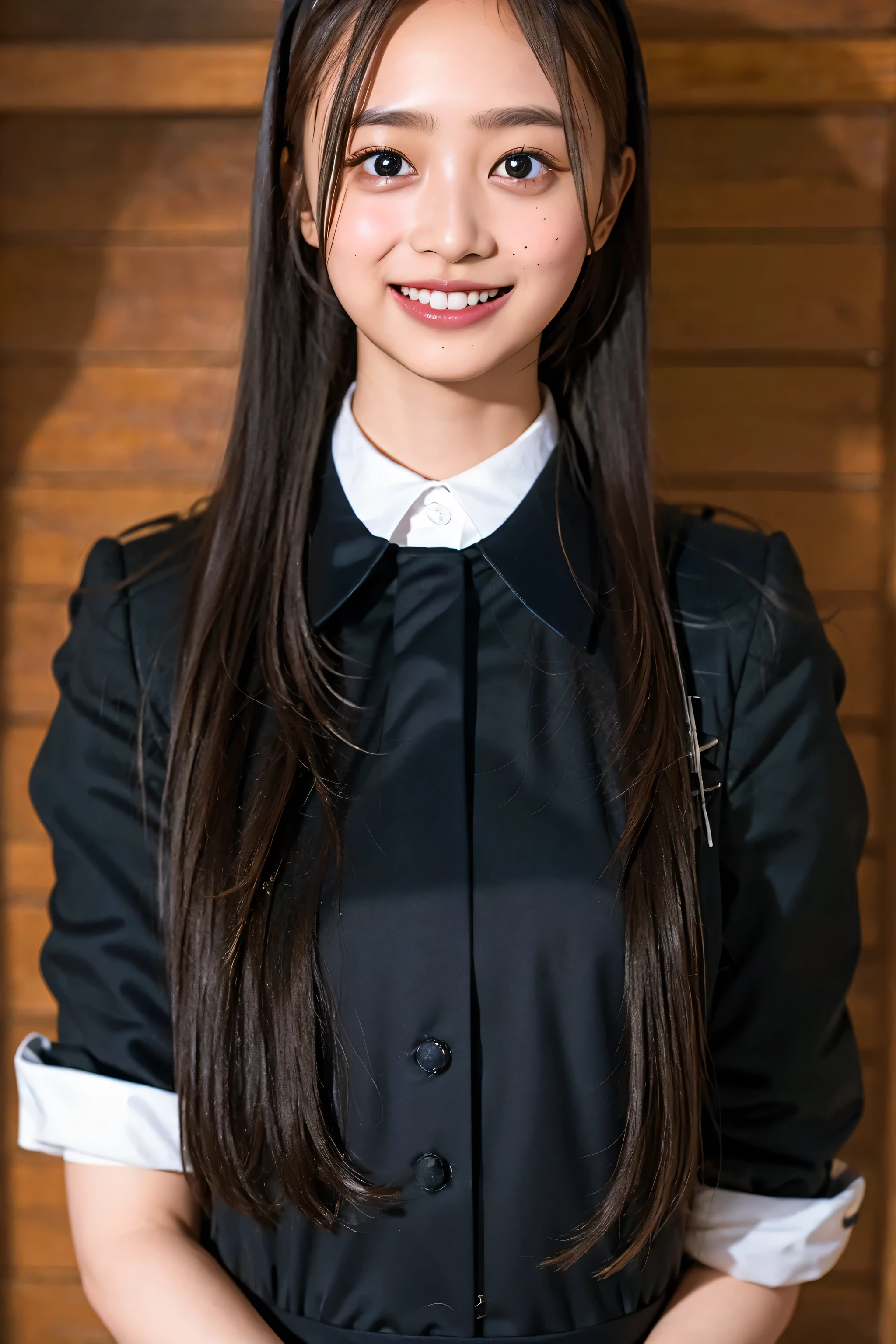 (((upper body shot))),Ultra-high resolution,big eyes,((brown eyes)),Japanese,(forehead),(a girl),(1 girl),((17 years old)),(cute),pretty,((facing at viewer)),arms behind back,grin,(((black uniform)))