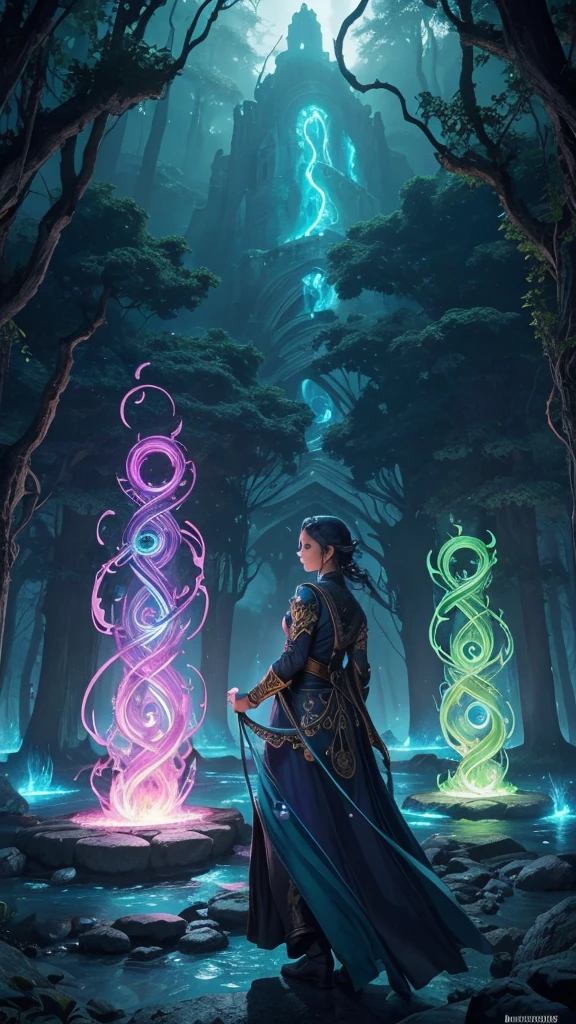 Central Symbol:A prominent illustration of the four Elemental Stones, each glowing with their respective colors (green for Earth, blue for Water, red for Fire, and white or yellow for Air). Arrange them in a circular pattern to signify their unity and balance.Background:A mystical, enchanted forest or a magical landscape, perhaps with a castle or ancient ruins in the distance. This sets the fantasy tone and provides a sense of adventure.Characters:Silhouettes or semi-transparent images of the four Guardians, each showcasing their elemental abilities (e.g., Elara with wind swirling around her, Kael with a rocky aura, Liora surrounded by flames, and Nerin with water currents).Title Font:Use a bold, ornate, and slightly magical font for the title "Guardians of the Elemental Stones." The title should be prominently displayed at the top or center of the cover.Subtle Details:Add smaller, intricate details like vines, ancient symbols, or faint magical glows to enhance the mystical feel.Color Scheme:Use a rich, vibrant color scheme with deep blues, greens, and purples for the background, contrasted with the bright, elemental colors of the stones.Lighting:Incorporate dynamic lighting effects to make the Elemental Stones and the Guardians stand out, giving the cover a magical and otherworldly glow.