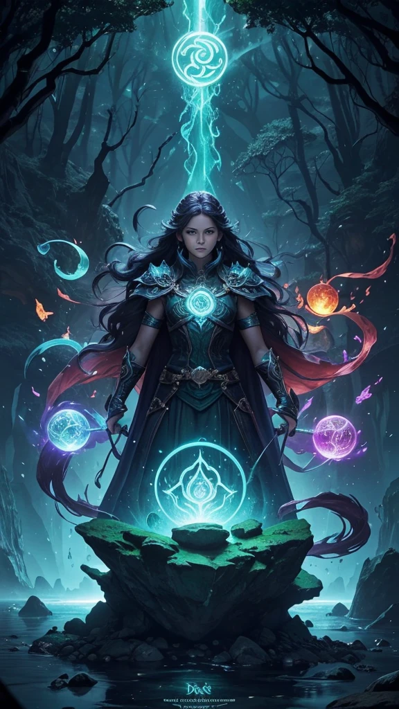 Central Symbol:A prominent illustration of the four Elemental Stones, each glowing with their respective colors (green for Earth, blue for Water, red for Fire, and white or yellow for Air). Arrange them in a circular pattern to signify their unity and balance.Background:A mystical, enchanted forest or a magical landscape, perhaps with a castle or ancient ruins in the distance. This sets the fantasy tone and provides a sense of adventure.Characters:Silhouettes or semi-transparent images of the four Guardians, each showcasing their elemental abilities (e.g., Elara with wind swirling around her, Kael with a rocky aura, Liora surrounded by flames, and Nerin with water currents).Title Font:Use a bold, ornate, and slightly magical font for the title "Guardians of the Elemental Stones." The title should be prominently displayed at the top or center of the cover.Subtle Details:Add smaller, intricate details like vines, ancient symbols, or faint magical glows to enhance the mystical feel.Color Scheme:Use a rich, vibrant color scheme with deep blues, greens, and purples for the background, contrasted with the bright, elemental colors of the stones.Lighting:Incorporate dynamic lighting effects to make the Elemental Stones and the Guardians stand out, giving the cover a magical and otherworldly glow.
