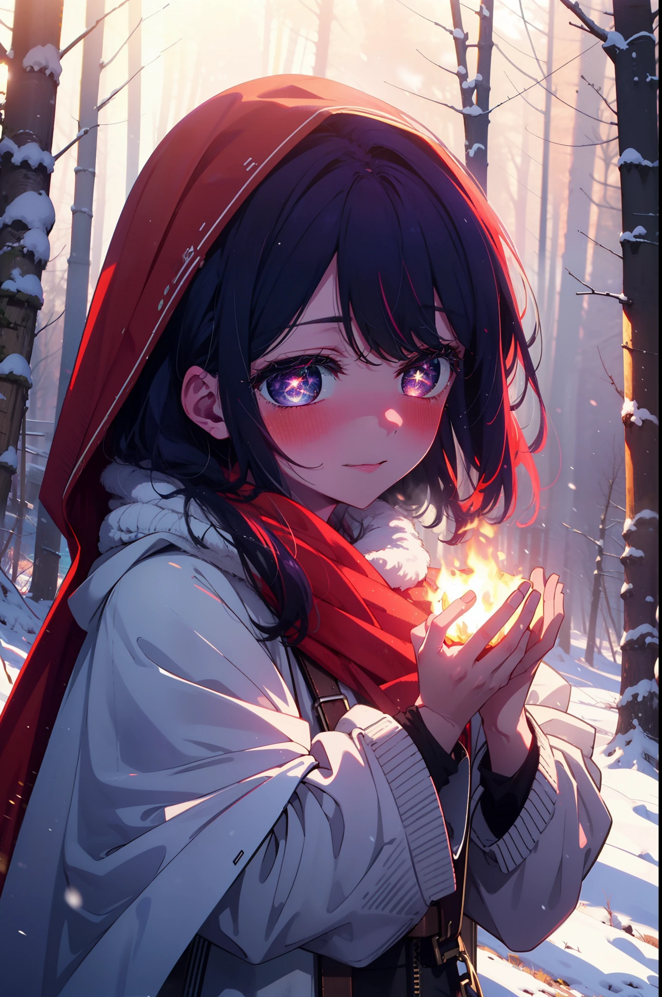 aihoshino, Ai Hoshino, Long Hair, bangs, (Purple eyes:1.1), Purple Hair, (Symbol-shaped pupil:1.5), smile,,smile,blush,White Breath,
Open your mouth,snow,Ground bonfire, Outdoor, boots, snowing, From the side, wood, suitcase, Cape, Blurred, , forest, White handbag, nature,  Squat, Mouth closed, Cape, winter, Written boundary depth, Black shoes, red Cape break looking at viewer, Upper Body, whole body, break Outdoor, forest, nature, break (masterpiece:1.2), Highest quality, High resolution, unity 8k wallpaper, (shape:0.8), (Beautiful and beautiful eyes:1.6), Highly detailed face, Perfect lighting, Extremely detailed CG, (Perfect hands, Perfect Anatomy),