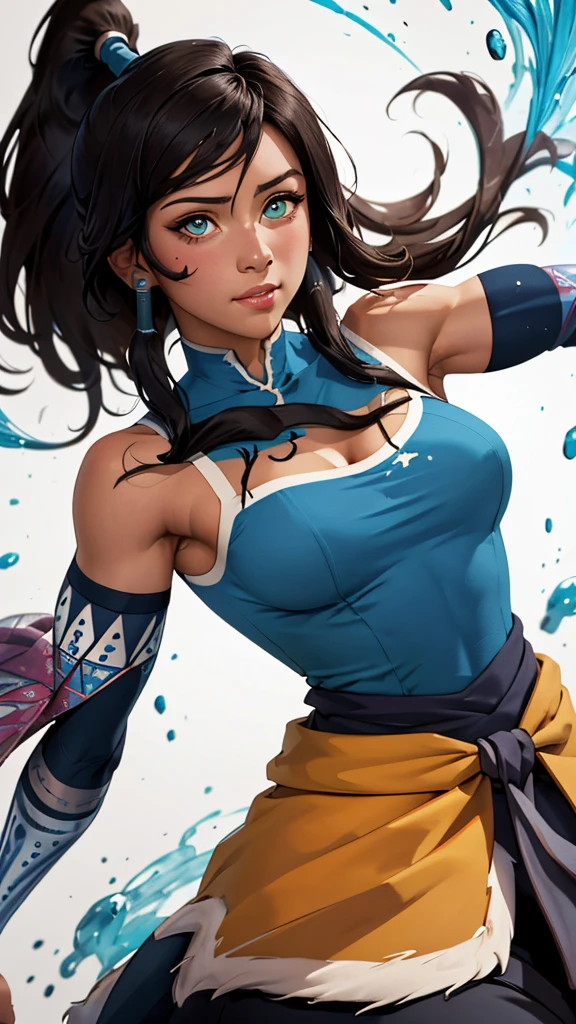 cleavage，(best quality, masterpiece, colorful, dynamic angle, highest detailed)(korra),upper body photo,fashion photography of cute girl (korra),ponytail,dark skin,bare shoulders,in dynamic pose,bokeh,(intricate details, hyperdetailed:1.15),detailed,sunlight passing through hair,monocromatic splash art background(high contrast, official art, extreme detailed, highest detailed),