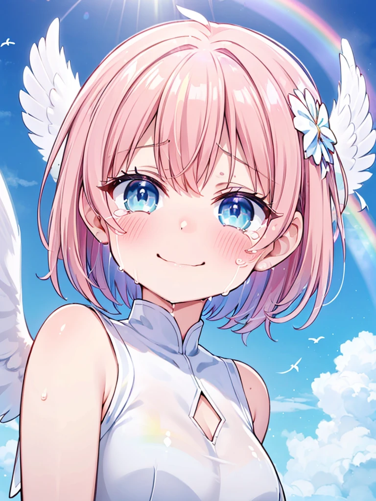(((Extreme Close-up tears smile Low Angle Dove of peace Angel Halo))) ((輝くtears Rainbow Eyes short hair Receiving the light Rainbow Light)) (Shining Edges Pillar of Light)Red hair short cut