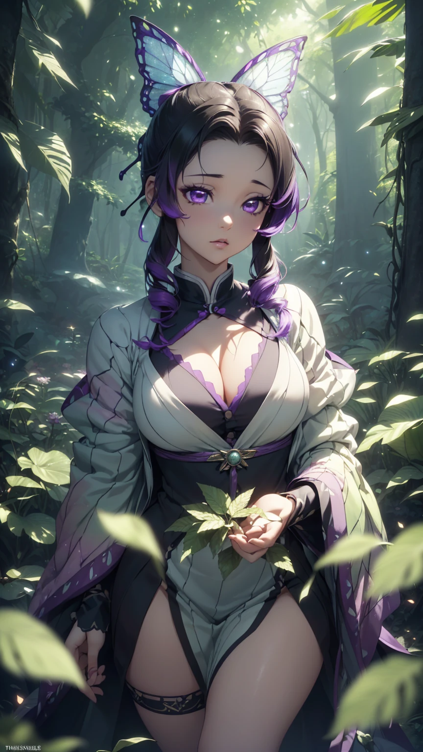 cleavage，A masterpiece, the best quality, stunning reflections, the best reflections ever. (very detailed CG unity 8k wallpaperest quality), (best illustrationest shadoworest theme with natural elements. Tall trees, quiet streams, small glowing mushrooms surrounded by delicate leaves and branches, with fireflies and glowing particle effects,, (natural elements), (jungle theme), (leaves), (twigireflieutterflies, (delicate leaves), (glow), (particle effects). , Isometric 3D, Octane Rendering, Ray Traced, Super Detailed, 1 girl, Shinobu kocho demon slayer, shinning purple eyes, purple hair, Graceful, beautiful face, detailed face, Shining butterflies landed on her elegant clothes,（Very detailed CG unity 8K wallpaper).