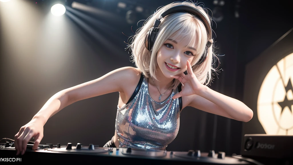 (ultra - detailed, 16K resolution, Cinema lenses, rendering by octane), (high resolution:1.18), intricate detail, (masterpiece:1.1), (highest quality:1.1), (1girl, portrait, white hair, blue eyes, short hair, detailed eyes),Wearing silver DJ headphones, Shiny silver sequined T-shirt, (Iconic hip-hop pop costumes:1.3), Smile while DJing on stage, full body shot of, The spotlight shines on the female DJ. Photorealistic photography by Disco Lighting, (cute round face:1.3), perfect fingers, five fingers, beautiful hands, perfect hands. master peace, cute smile.