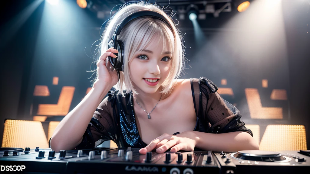(ultra - detailed, 16K resolution, Cinema lenses, rendering by octane), (high resolution:1.18), intricate detail, (masterpiece:1.1), (highest quality:1.1), (1girl, portrait, white hair, blue eyes, short hair, detailed eyes),Wearing silver DJ headphones, Shiny silver sequined T-shirt, (Iconic hip-hop pop costumes:1.3), Smile while DJing on stage, full body shot of, The spotlight shines on the female DJ. Photorealistic photography by Disco Lighting, (cute round face:1.3), perfect fingers, five fingers, beautiful hands, perfect hands. master peace, cute smile.