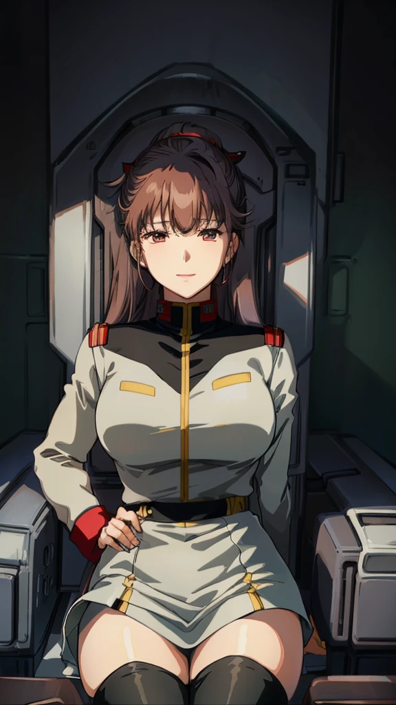 masterpiece, best quality, High resolution, Calm 1, 1 girl, alone, (Black_Stockings:1.1), army uniform, army, cosmetics, White shirt,  White Skirt, tight skirt, sitting, Upper Body, cockpit, space, Smile，Large Breasts，Sexy，Smile，red glasses，brown hair