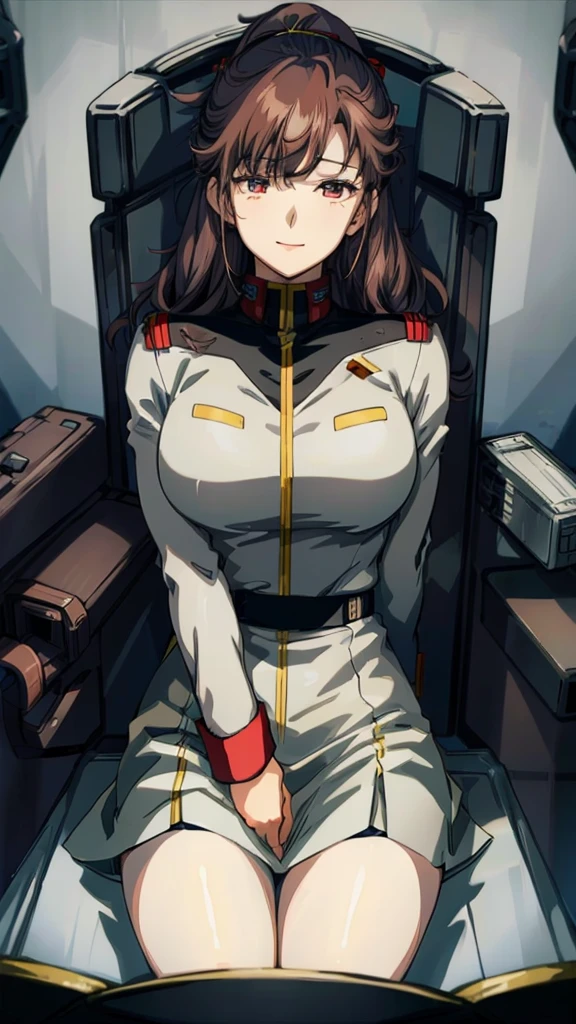 masterpiece, best quality, High resolution, Calm 1, 1 girl, alone, (Black_Stockings:1.1), army uniform, army, cosmetics, White shirt,  White Skirt, tight skirt, sitting, Upper Body, cockpit, space, Smile，Large Breasts，Sexy，Smile，red glasses，brown hair