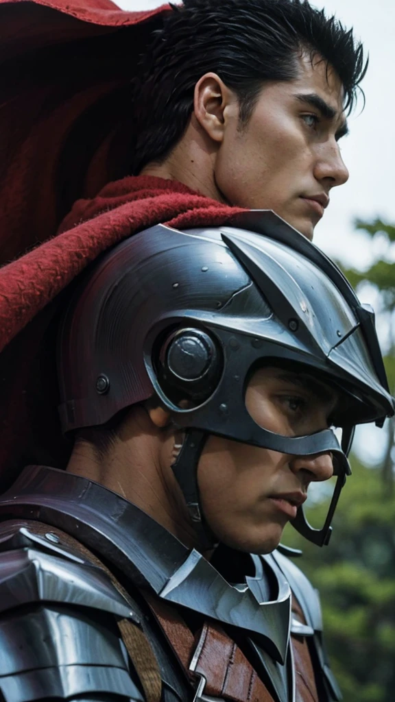 guts、profile、Upper Body、Look down、forest、Masterpiece、Highest quality、male、Red Cape、Black armor