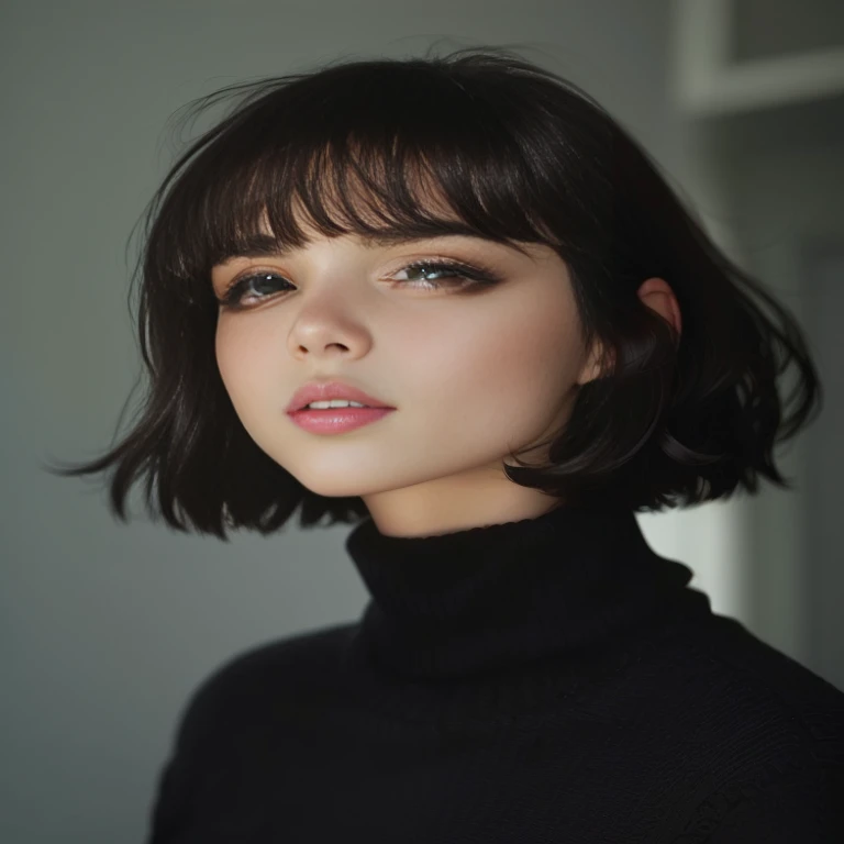 a close up of a woman with a black turtle neck sweater, with short hair with bangs, neat hair with bangs, french bob, french bob hair, short brown hair with bangs, with short hair, portrait sophie mudd, short dark hair, short black hair with bangs, black bob hair, 🤤 girl portrait, gorgeous face portrait, brown hair with bangs