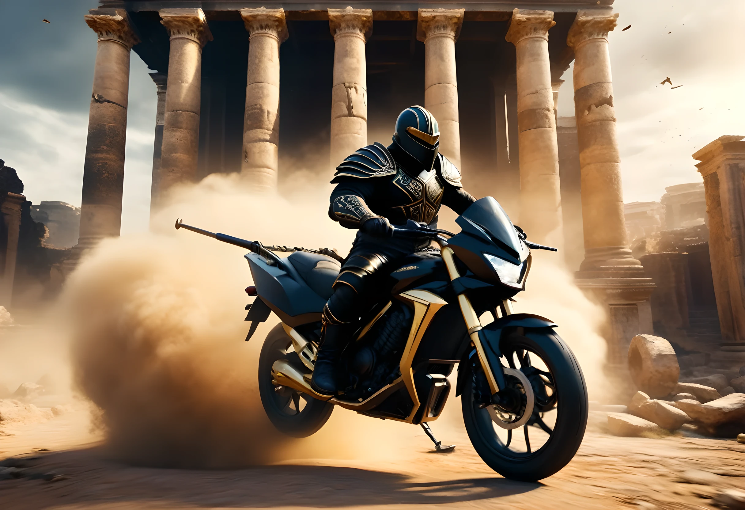 octane render style, close up view, roman gladiator with a large black scythe, in futuristic sleek black heavy armor and cape, riding on a black and gold lion shaped suzuki power bike, through roman architecture pillar ruins, dust plumes, motion blur, rocks flying in the air.