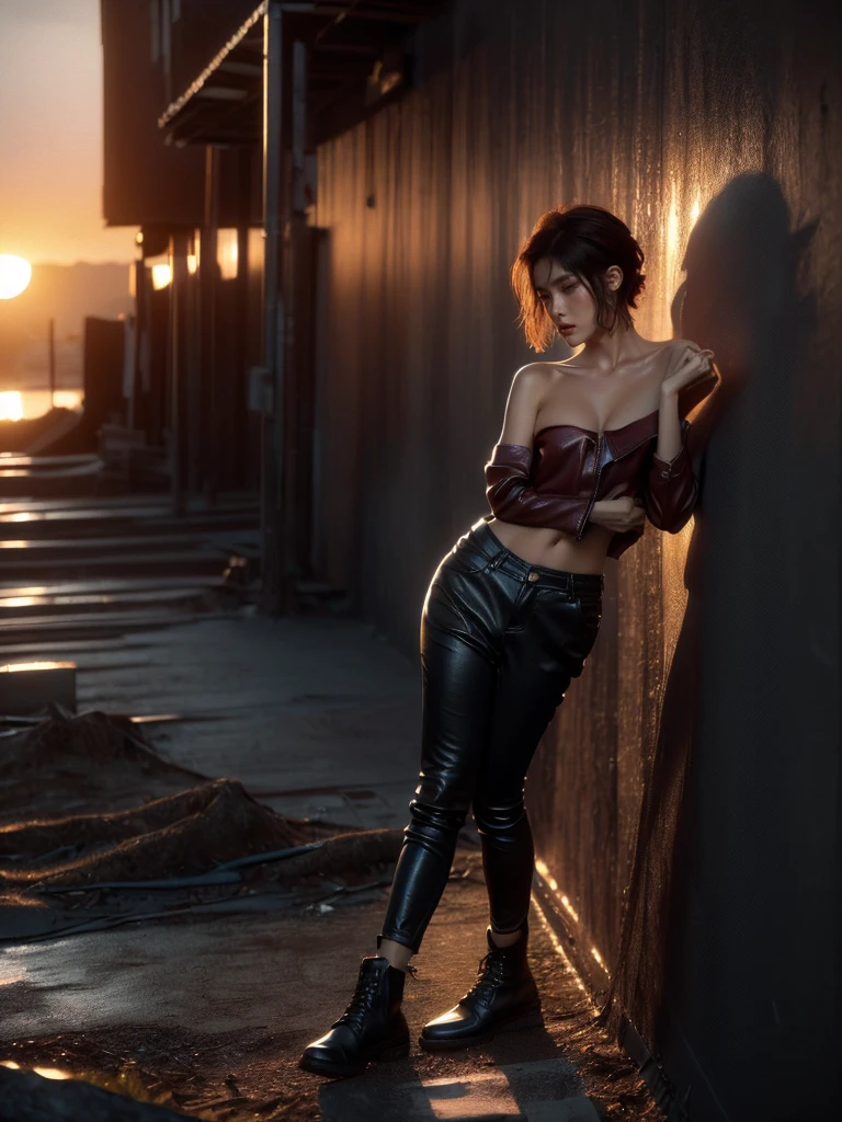 (Leaning against a wall pose, front view: 1.3), (landscape photo: 1.4), RAW UHD portrait photo of a woman, (serious face: 1.2) (Red short hair: 1.0), (Small Breasts: 1.5), (confident expression: 1.4), (black Leather Jacket), Background is a Graffiti Wall, deep Blue eyes with high detail, (perfect anatomy: 1.5), (sunset time: 1.5), (cool light mood and tone: 1.5), (shadow light: 1.6).