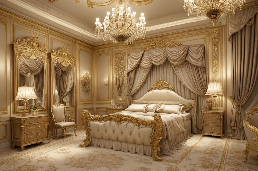 a close up of a bedroom with a bed, chairs, and a chandelier, luxury furniture, luxury hd render, elegant interior, elegant and ornate, elegant render, classicism style, luxurious environment, bedroom interior, elegant baroque, neoclassicism style, elegant furniture, classicism artstyle, royal interior, ornate and elegant, high quality 3d render