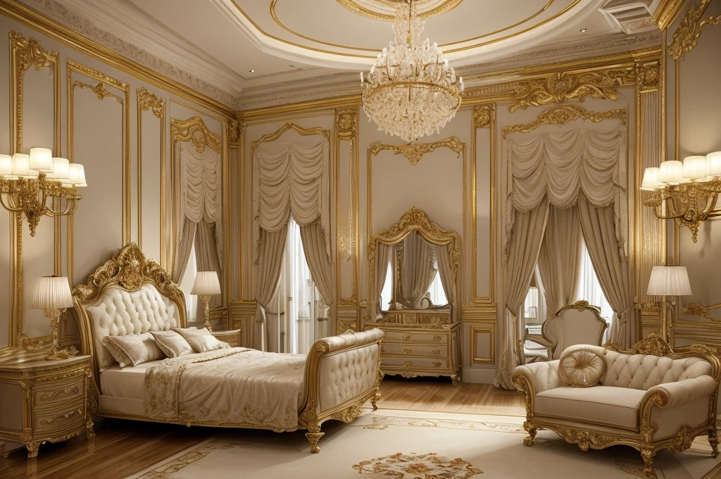 a close up of a bedroom with a bed, chairs, and a chandelier, luxury furniture, luxury hd render, elegant interior, elegant and ornate, elegant render, classicism style, luxurious environment, bedroom interior, elegant baroque, neoclassicism style, elegant furniture, classicism artstyle, royal interior, ornate and elegant, high quality 3d render