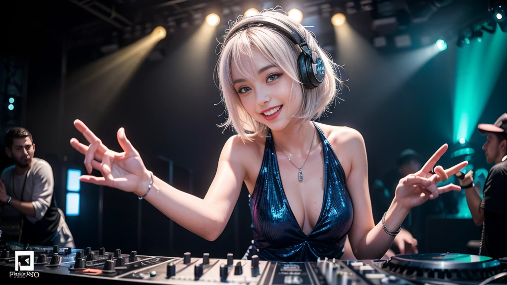(ultra - detailed, 16K resolution, Cinema lenses, rendering by octane), (high resolution:1.18), intricate detail, (masterpiece:1.1), (highest quality:1.1), (1girl, portrait, white hair, blue eyes, short hair, detailed eyes),Wearing silver DJ headphones, Shiny silver sequined T-shirt, (Iconic hip-hop pop costumes:1.3), Smile while DJing on stage, full body shot of, The spotlight shines on the female DJ. Photorealistic photography by Disco Lighting, (cute round face:1.3), perfect fingers, five fingers, beautiful hands, perfect hands. master peace, cute smile.