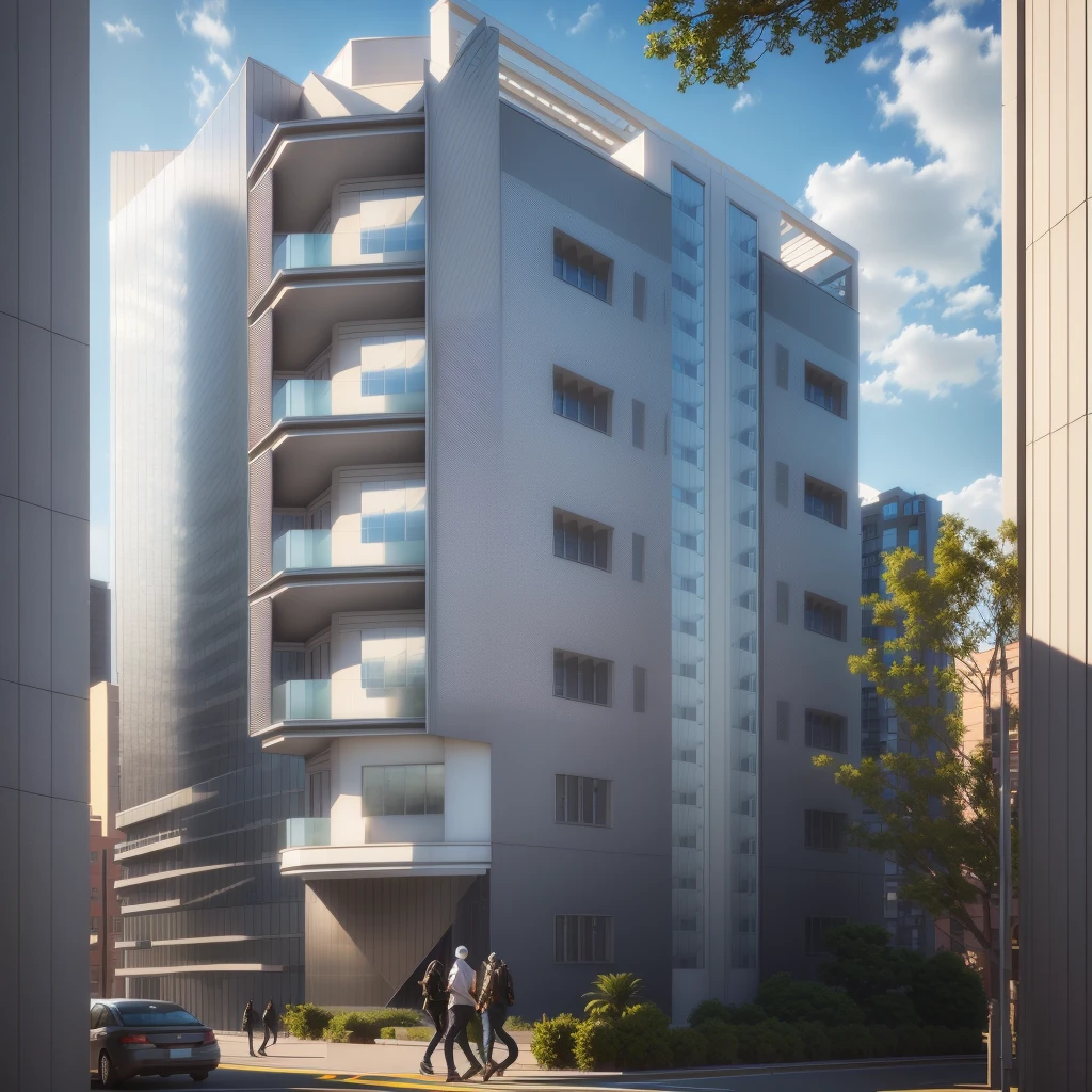rendering of a building with a couple of people walking in front of it, building facing, full building, multistory building, architectural rendering, precise architectural rendering, residential, single building, architectural 3 d render, realistic building, architectural render, arhitectural shot, perspective view, architectural visualization, high quality rendering, rendering, 3 d vray render, fully built buildings
