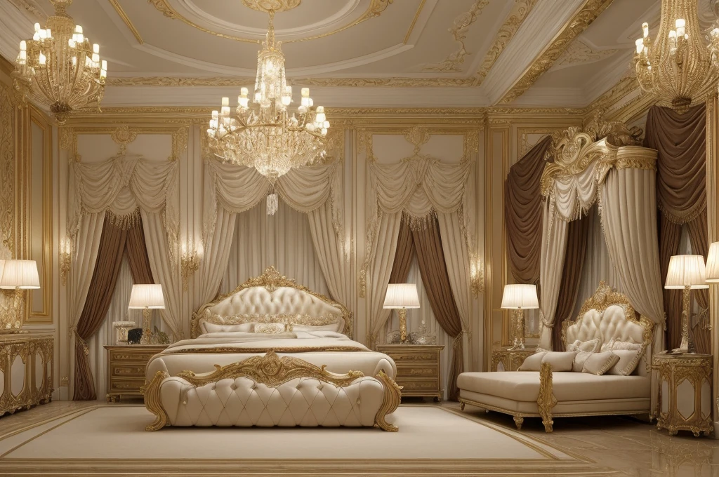 a close up of a bedroom with a bed, chairs, and a chandelier, luxury furniture, luxury hd render, elegant interior, elegant and ornate, elegant render, classicism style, luxurious environment, bedroom interior, elegant baroque, neoclassicism style, elegant furniture, classicism artstyle, royal interior, ornate and elegant, high quality 3d render