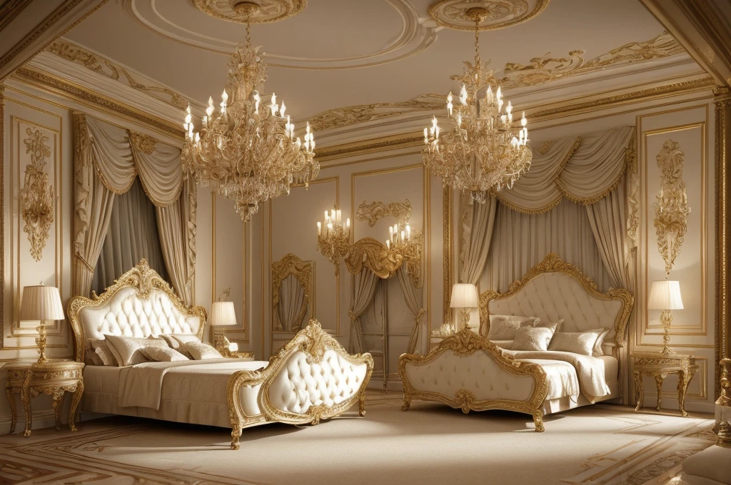 a close up of a bedroom with a bed, chairs, and a chandelier, luxury furniture, luxury hd render, elegant interior, elegant and ornate, elegant render, classicism style, luxurious environment, bedroom interior, elegant baroque, neoclassicism style, elegant furniture, classicism artstyle, royal interior, ornate and elegant, high quality 3d render