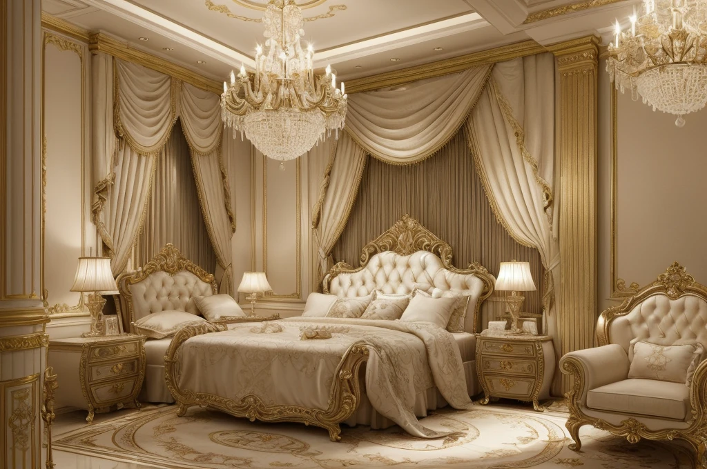 a close up of a bedroom with a bed, chairs, and a chandelier, luxury furniture, luxury hd render, elegant interior, elegant and ornate, elegant render, classicism style, luxurious environment, bedroom interior, elegant baroque, neoclassicism style, elegant furniture, classicism artstyle, royal interior, ornate and elegant, high quality 3d render