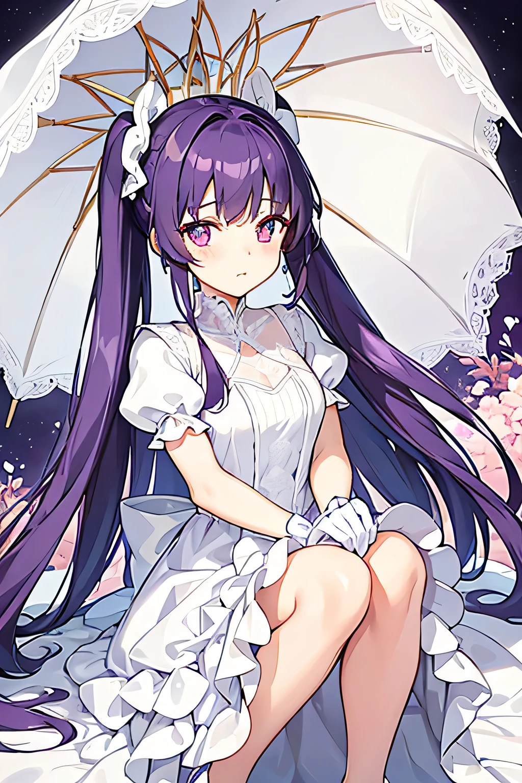 Purple twin ponytails orange pupils tsundere face,Wearing a pure white princess dress,Wearing long white silk gloves,A beautiful white lace parasol is placed on both knees,Paired with black round-toe flat shoes, she looks no older than 15.。Bud can tell which faraway kingdom this princess is from just by her dress and temperament.。