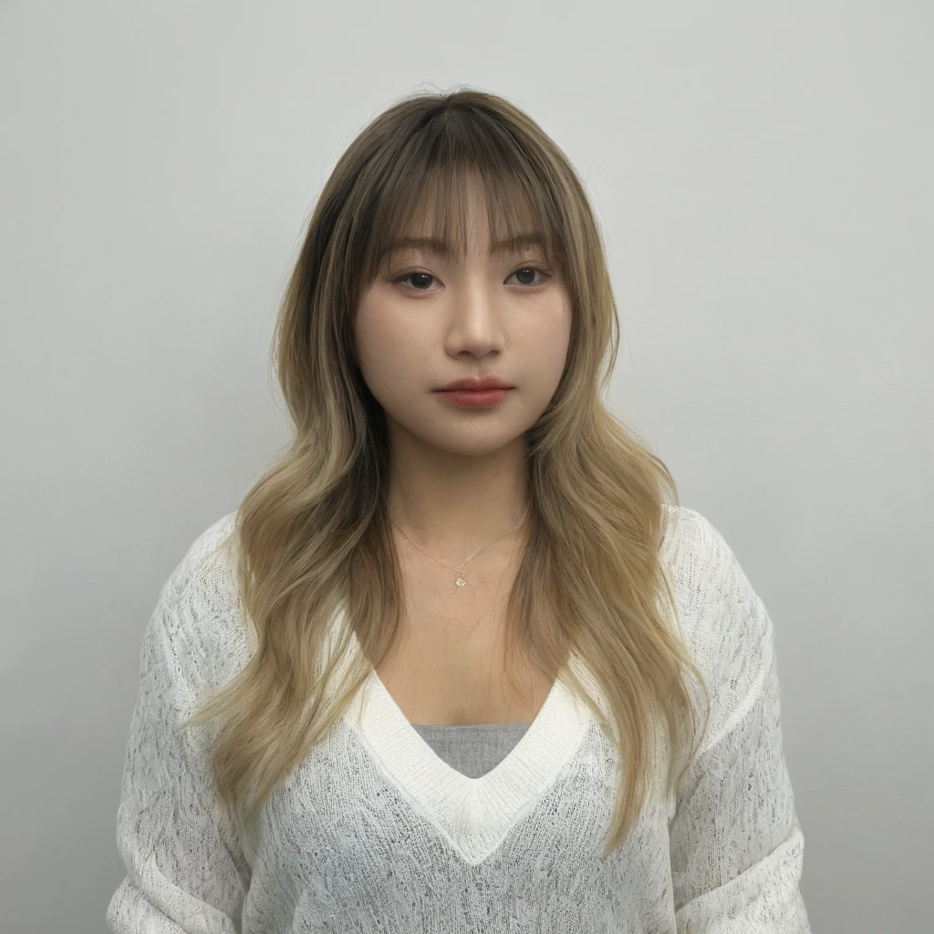 Best Quality, 8k, Masterpiece, (Portrait: 1.3), (photo realistic:1.4), (hyper realistic:1.4), Sharp Focus, looking at viewer, (smoother lighting:1.1), (increase cinematic lighting quality:0.9), realistic lighting, backlighting, light on face, ray trace, (brightening light:1.2), (Increase quality:1.4), sharp detail, (best quality real texture skin:1.4), finely detailed eyes, black_eyes, finely detailed face, 25 year old Korean woman, (white formal_shirt:1.4), (Create an image maintaining the original base model hairstyle:1.5)