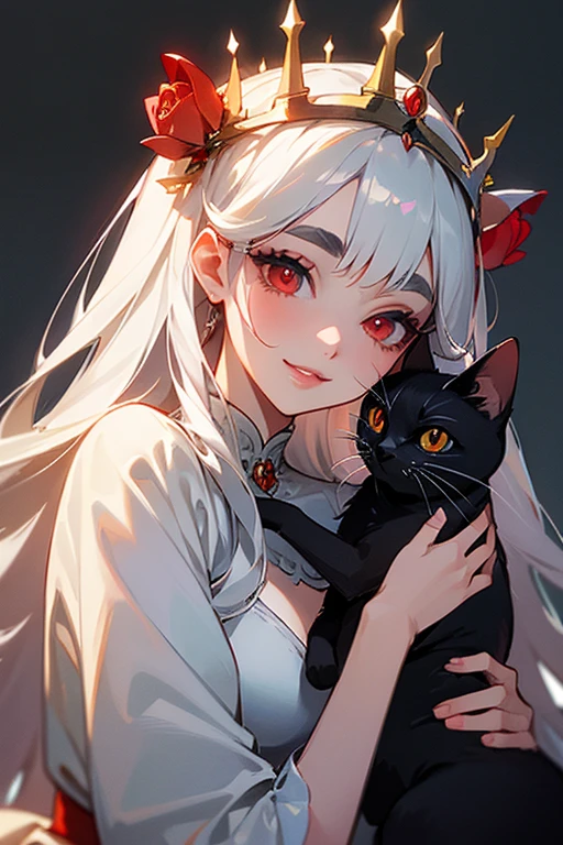(Highest quality, masterpiece:1.2), High resolution, Very detailed, Realistic:1.37, Fantasy, An illustration, Red eyes, Queen, White Dress.Platinum decoration、beautifully、Eyeshadow Red、Thick eyebrows、Long eyelashes、pupils are black、toothy smile、The background is white、Small breasts、kiss me、Kiss Face、Rose Background、shiny on the lips、Gray background、Top site、Queen、Princess、Black cat、背景をbeautifully、Flower Crown、smile、(one cat)