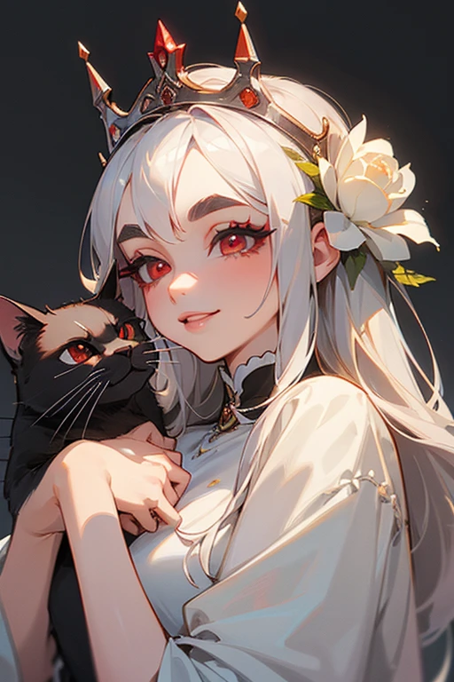 (Highest quality, masterpiece:1.2), High resolution, Very detailed, Realistic:1.37, Fantasy, An illustration, Red eyes, Queen, White Dress.Platinum decoration、beautifully、Eyeshadow Red、Thick eyebrows、Long eyelashes、pupils are black、toothy smile、The background is white、Small breasts、kiss me、Kiss Face、Rose Background、shiny on the lips、Gray background、Top site、Queen、Princess、Black cat、背景をbeautifully、Flower Crown、smile、(one cat)