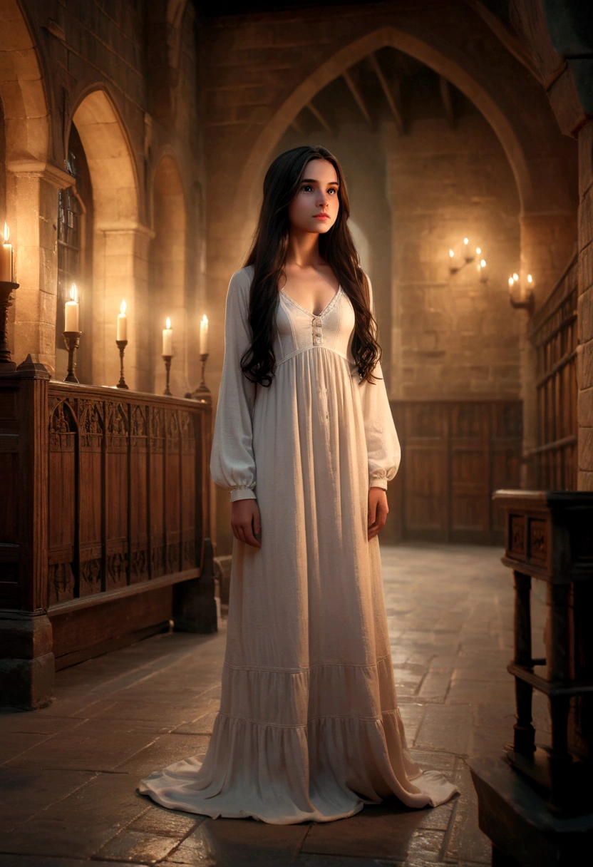 a beautiful young girl with long dark hair, wearing a long white nightgown, standing in a dimly lit bedroom in hogwarts castle, intricate details, soft lighting, warm color palette, photorealistic, hyperrealistic, extremely detailed, 8k, high quality, masterpiece