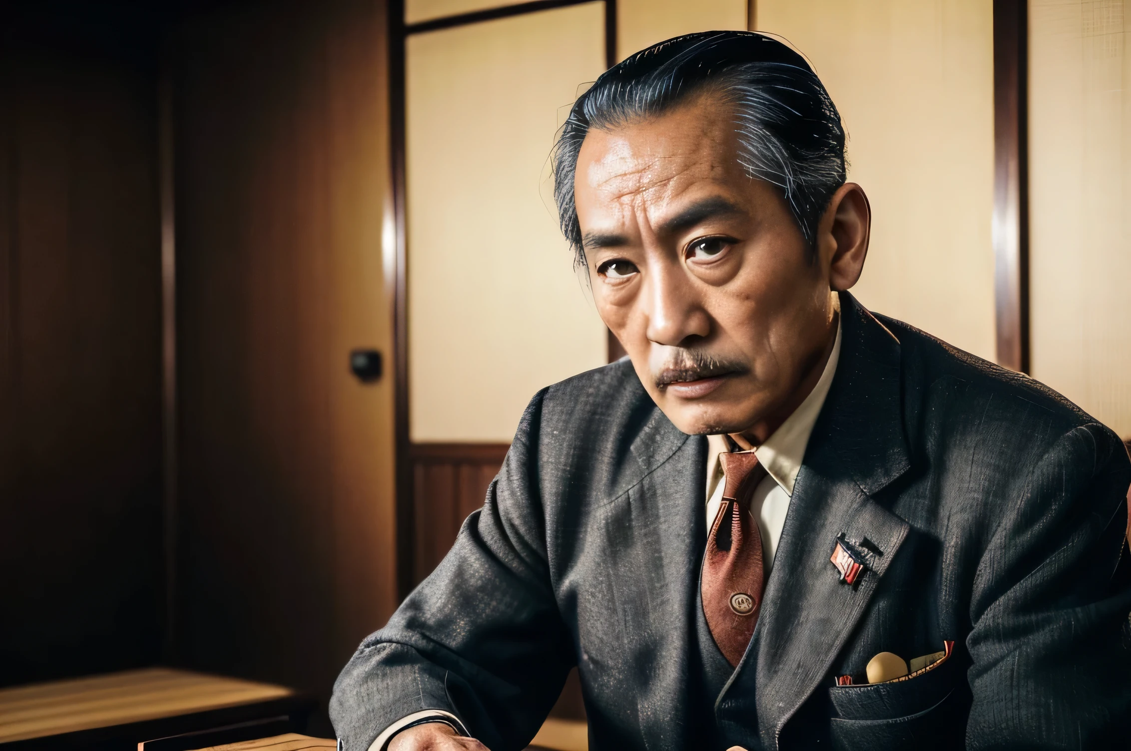 Japan, 1949. ((((57 years old)) Nobu Toshikazu)), Rugged appearance, intellectual, strong, ((He has a scar on his face)), Japan酒を飲む, ((Angry expression, Frowning)), ((((1940s businessman&#39;s attire, Elegant suits)))), ((Hairstyles from the 1940s)), color